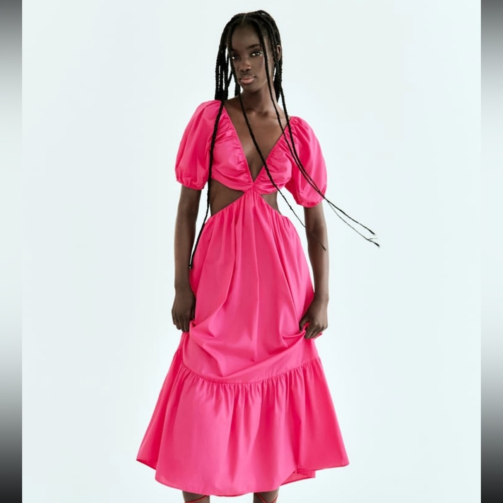 Zara cut out Barbie pink dress with braided straps poplin maxidress 2023 - Picture 11 of 13